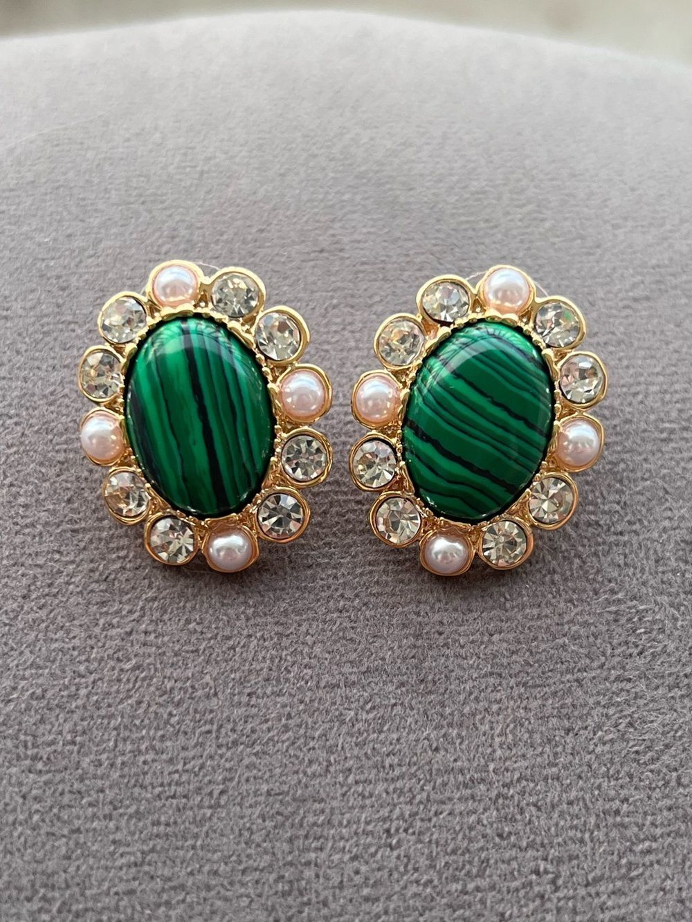 Gold Tone Green Malachite Oval Stud Earrings with Pearls and Crystals